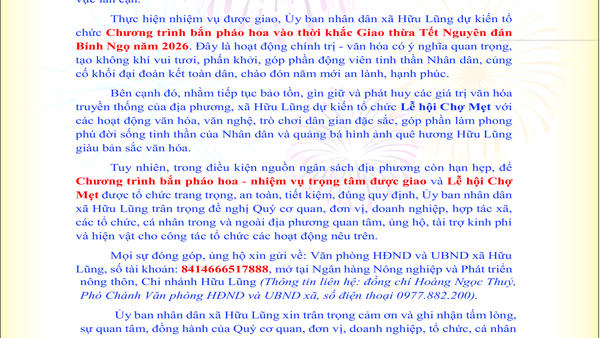 Thư ngỏ: Ủng hộ, hỗ trợ kinh phí tổ chức Chương trình bắn pháo hoa đón Giao thừa và Lễ hội Chợ Mẹt năm 2026