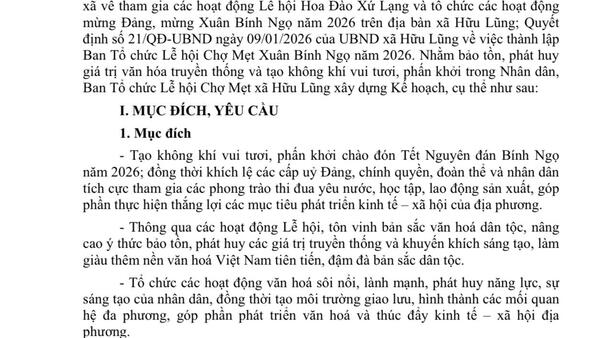 Kế hoạch Tổ chức Lễ hội Chợ Mẹt, xã Hữu Lũng Xuân Bính Ngọ năm 2026