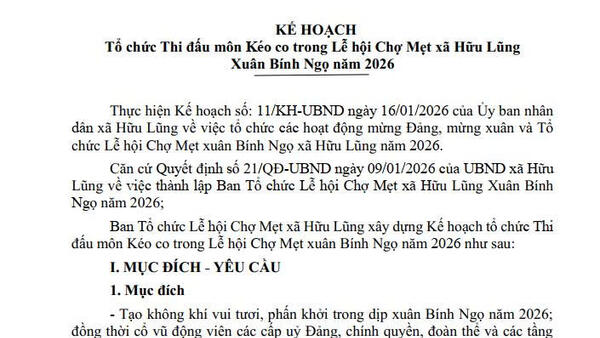 KẾ HOẠCH Tổ chức Thi đấu môn Kéo co trong Lễ hội Chợ Mẹt xã Hữu Lũng Xuân Bính Ngọ năm 2026