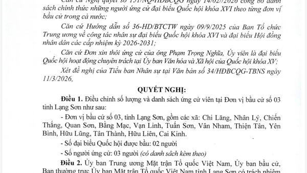 ĐIỀU CHỈNH SỐ ỨNG CỬ VIÊN VÀ DANH SÁCH CHÍNH THỨC NGƯỜI ỨNG CỬ ĐẠI BIỂU QUỐC HỘI KHÓA XVI TẠI ĐƠN VỊ BẦU CỬ SỐ 03, TỈNH LẠNG SƠN